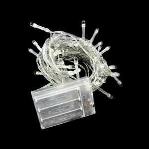 Detail of transparent 3 AA battery box and coiled LED string lights for decoration