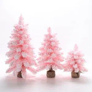 Mini Sapin de Noël Rose Floqué Avec Effet de Neige Base en Toile de Jute Décoration de Bureau Sapin Artificiel