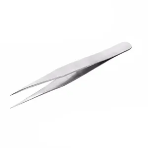 Close-up detail of stainless steel precision tweezers, sharp pointed tip for delicate crafts.