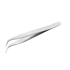 Stainless steel curved tweezer detail view, precision fine tip design for detailed nail art crafts.