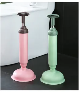High pressure toilet plunger detail showing dual color options, powerful suction and handle.