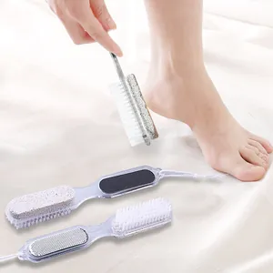 Multifunctional foot file and callus remover with pumice stone, brush, and metal rasp for smooth heels.