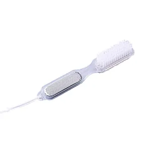 Close-up detail of the double-sided foot file brush with clear handle, metal rasp and white bristles.