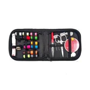 Portable sewing kit set with black zipper case, colorful threads, scissors, and measuring tape.