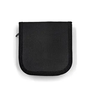 Portable black sewing kit storage bag, durable fabric material with zipper closure for home travel.