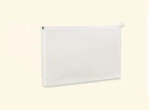 Detail view of the clear zipper document bag, ideal for stationery and files storage.