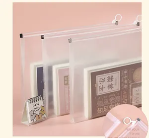 Transparent frosted A4 A5 zipper file bag detail, large capacity document and bill storage organizer.
