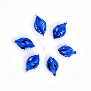 Set de 6 adornos navideños azul metalizado en forma de oliva con tapas plateadas
