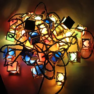 Close-up of colorful heart-shaped lantern LED string lights for holiday Christmas decor