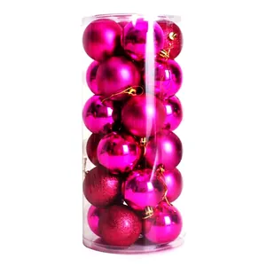 Set of 24 fuchsia Christmas ball ornaments in clear tube with shiny and matte finishes
