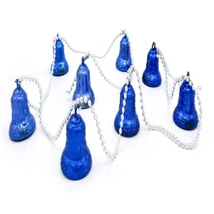 Close-up detail of blue metallic Christmas bell garland with silver bead chain link