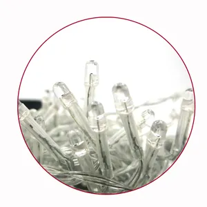 Macro detail of clear LED bulbs on a Christmas string light for festive decoration
