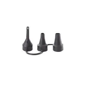 Detail view of 3-in-1 black plastic nozzle attachments for electric air pumps.