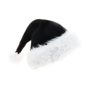 Weicher schwarzer Plüsch-Weihnachtsmannhut mit weißem Kunstpelzbesatz und Bommel.