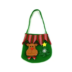 Detailed view of green felt Christmas gift bag featuring reindeer and tree appliques