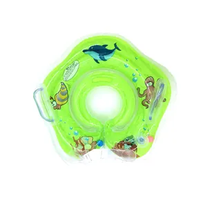 Gedetailleerd overzicht van een groene opblaasbare baby-nekring met zeedierpatronen