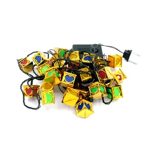 Detailed view of Christmas fairy light string featuring colorful heart-shaped gold lanterns