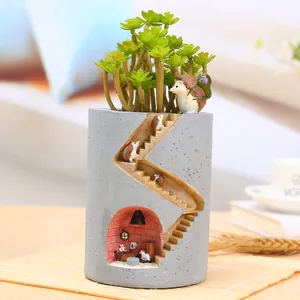 Detailed macro view of a resin succulent planter featuring cute hedgehogs on stairs