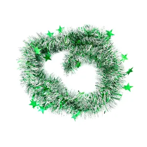 2-meter green and silver Christmas tinsel garland with star decorations for party decor