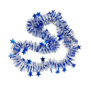 2m blue and silver Christmas tinsel garland with star decorations for holiday party