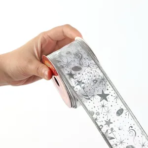 Primo piano di un nastro natalizio argento da 2,7m con motivi di stelle e note