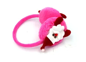 Detail view of plush pink Christmas earmuffs featuring a cute Santa Claus design