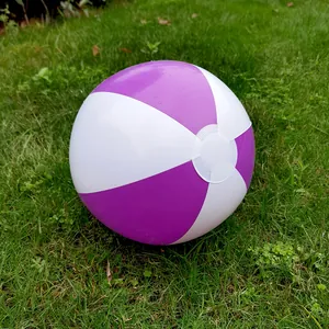 Detailed view of a purple and white 36cm inflatable beach ball resting on green grass.