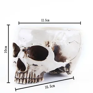 Detailed product dimensions of a realistic skull-shaped flower pot for Halloween decor