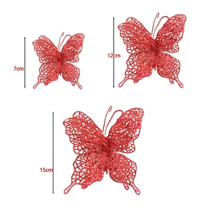 Comparison of three red glitter butterfly Christmas ornaments in 7cm, 12cm, and 15cm sizes