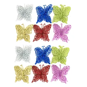 Set of 12 colorful glitter PVC butterfly ornaments for festive Christmas tree decoration