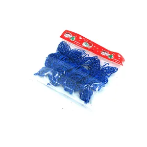 Detailed view of 12-piece pack blue glitter PVC butterfly Christmas tree ornaments
