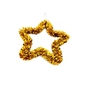Detail view of 33cm gold tinsel star shaped hanging ornament for Christmas decor