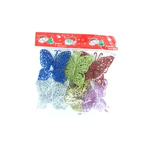 Set of six glittery Christmas butterfly ornaments in various colors for DIY decor