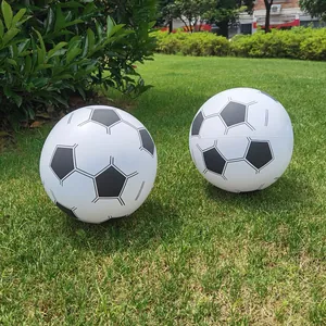 Detailed view of two white inflatable soccer balls on green grass for outdoor beach play.