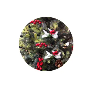 Close-up detail of realistic red Christmas berry picks on a festive pine tree branch