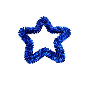 Vibrant 33cm blue tinsel star wreath for festive Christmas wall and door decoration