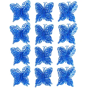 Set of 12 sparkling blue glitter butterflies for Christmas tree decoration and DIY crafts