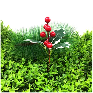 Christmas Artificial Red Berry Cherry Stems With Green Leaves For Christmas Tree Hanging Ornaments DIY Xmas Wreath Garland Gift Decor