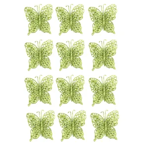 Detailed view of 12 light green glitter butterfly Christmas tree ornaments for DIY decor.