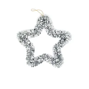 Detailed view of 33cm silver tinsel star Christmas wreath for holiday home decoration