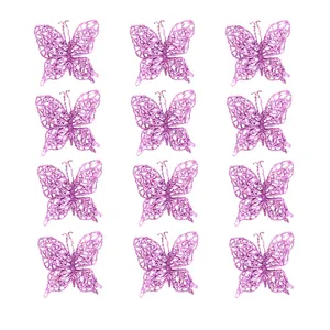 Detailed view of 12pcs pink glitter butterfly ornaments for Christmas tree decor