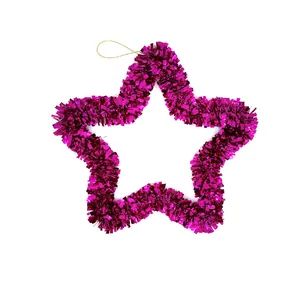 Close-up of a 33cm purple star-shaped tinsel Christmas ornament with gold hanging loop