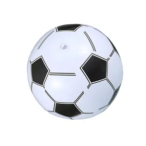 Detailed view of an inflatable beach ball featuring a classic black and white soccer pattern