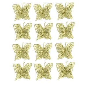 Set of 12 sparkling gold glitter butterfly ornaments for Christmas tree DIY decor.