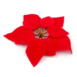 Macro view of artificial red poinsettia petals and yellow stamen for Christmas decor