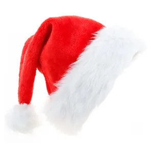 Detailaufnahme einer weichen roten Weihnachtsmütze aus Plüsch mit weißem Pelzbesatz