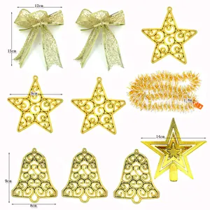Dimensions of golden Christmas tree ornament set including stars and bells