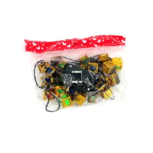 Detailed view of colorful Christmas lantern string lights in clear heart-patterned packaging.