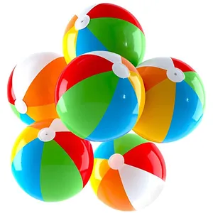 Detailed view of six classic multi-colored inflatable beach balls for water fun