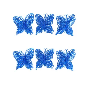 Detail view of six sparkling blue glitter butterfly Christmas tree hanging ornaments
